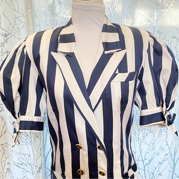 Vintage ALESSANDRINI blue white stripe nautical button ballon sleeve jacket top - Picture 2 of 13